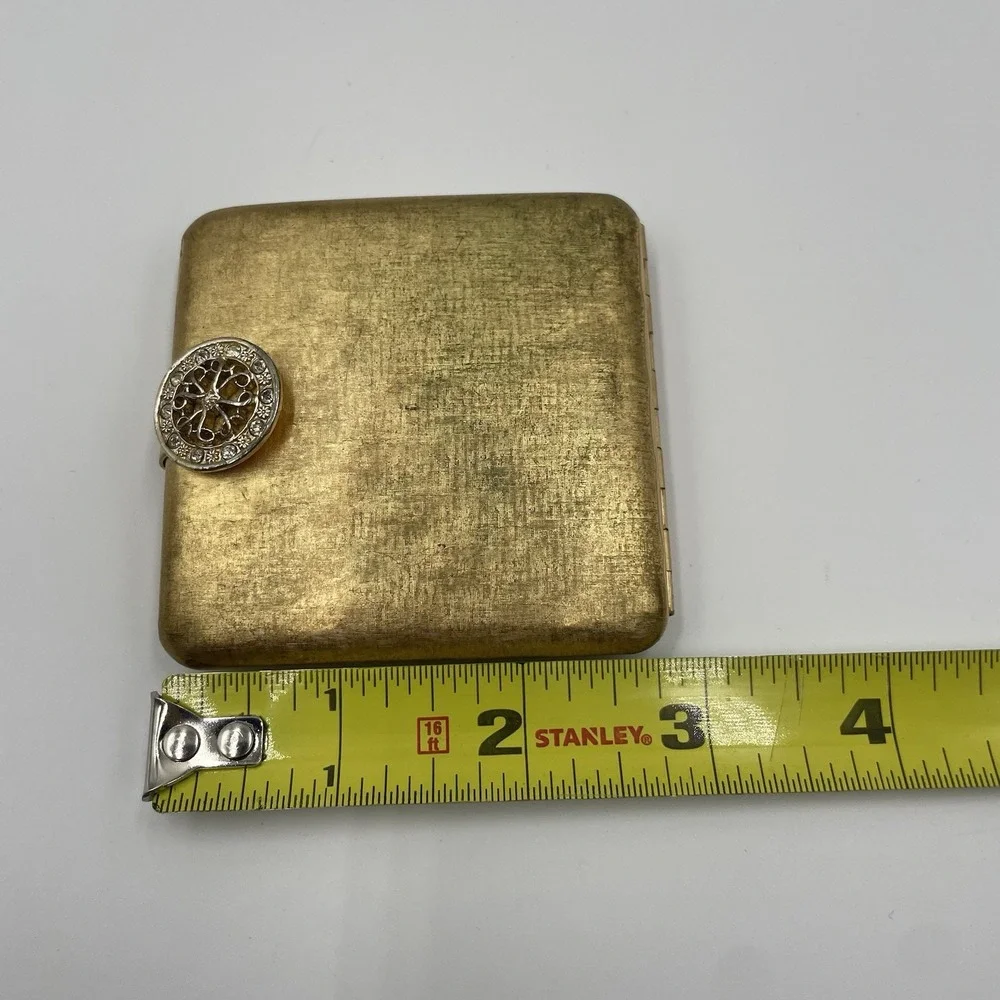 Vintage Gold Tone Metal Rhinestone Clasp Mirror Powder Compact Box Avon Imperial